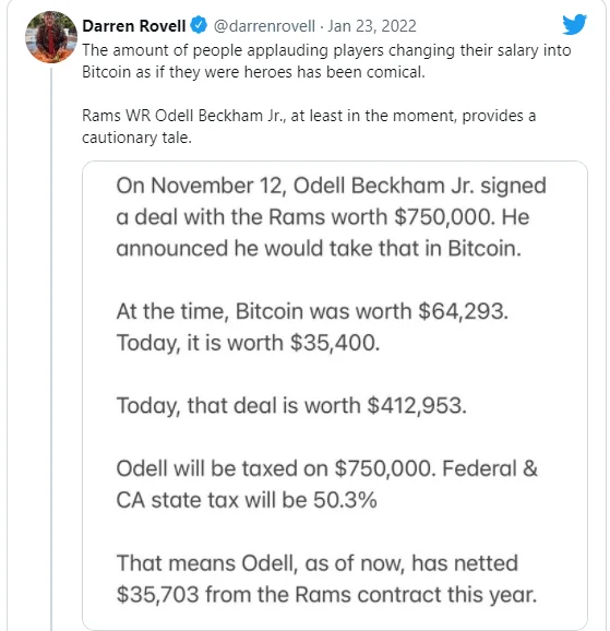 NFL Star OBJ's decision to receive his $750k paycheck in BTC appears to have cost him dearly