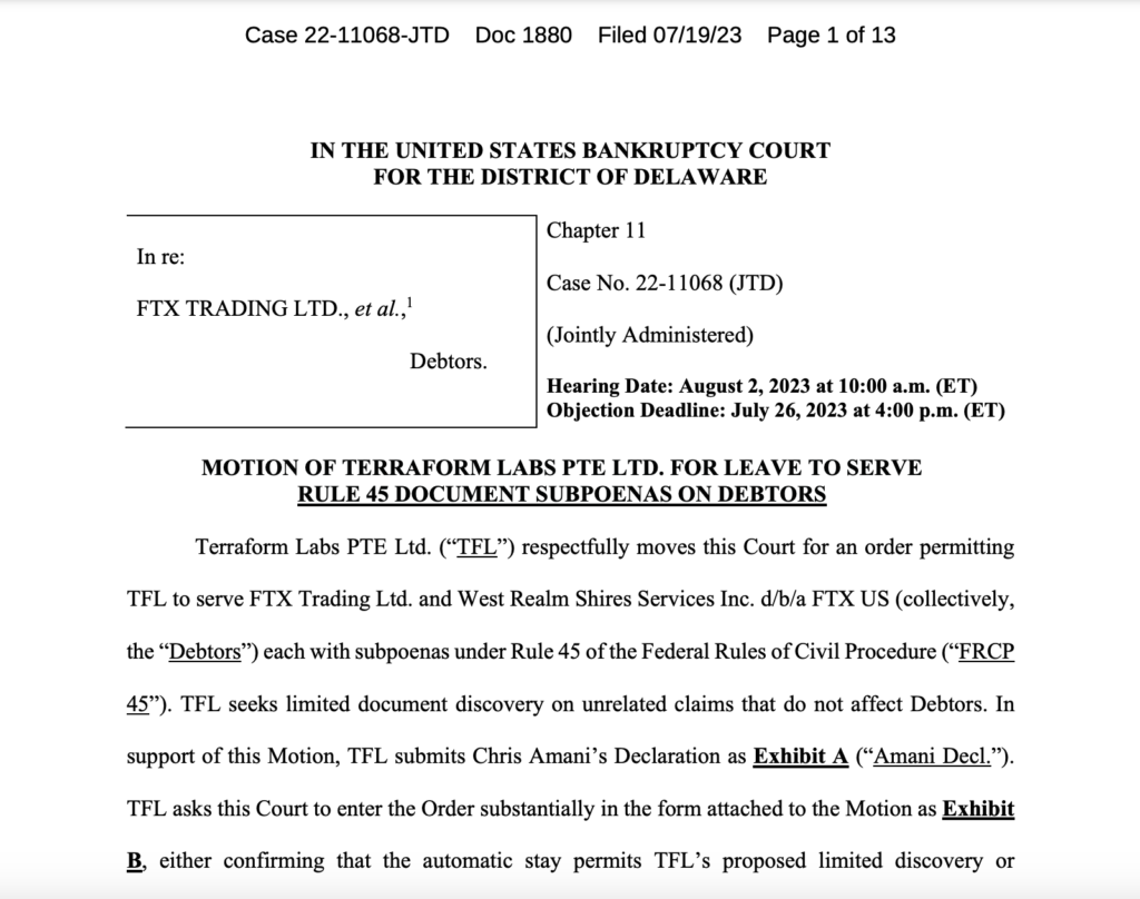 Screenshot of Terraform's motion seeking permission to subpoena FTX information. Source: Kroll