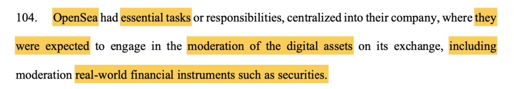 Highlighted excerpt of the lawsuit’s arguments claiming OpenSea was responsible for removing securities from its platform. Source: PACER