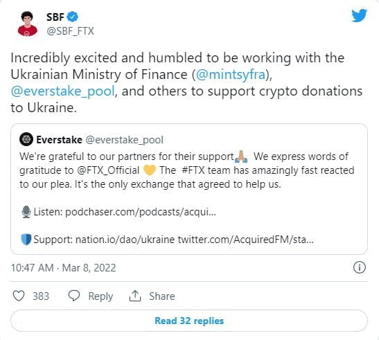 The CEO of FTX joins forces to support Ukraine in its efforts to raise cryptocurrency donations.