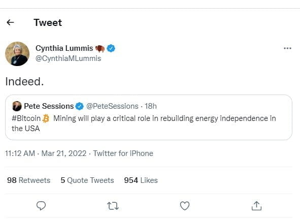 U.S Senator Cynthia Lummis sees Bitcoin mining as a way to boost the US energy industry.