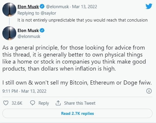 "I Won't sell my Bitcoin, Ethereum, or Doge." - Tesla CEO Elon Musk