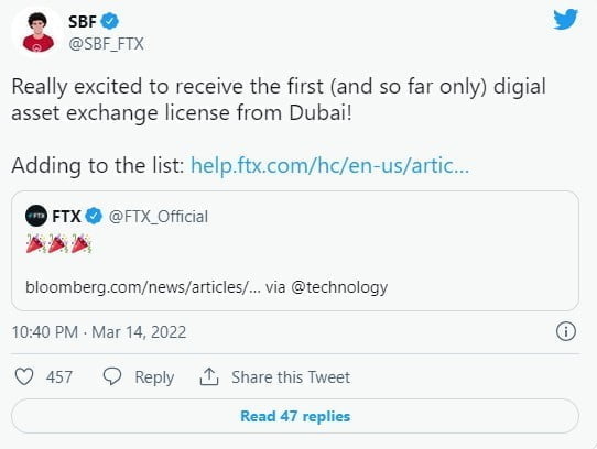 FTX, a Cryptocurrency Exchange, Receives First And Only Cryptocurrency License From Dubai