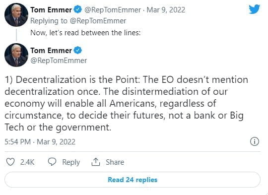 "Crypto Executive Order Fails To Mention Decentralization Directives" Congressman Tom Emmer