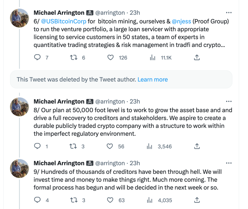 Screenshot: Michael Arrington's discussion on the Celsius auction on Twitter 
