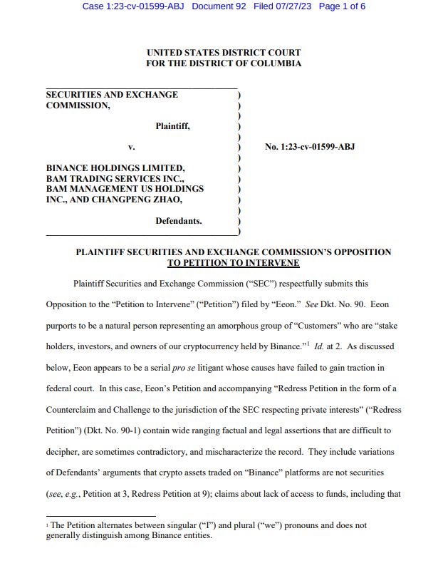 Screenshot of SEC's response to the intervention petition. Source: Court Listener