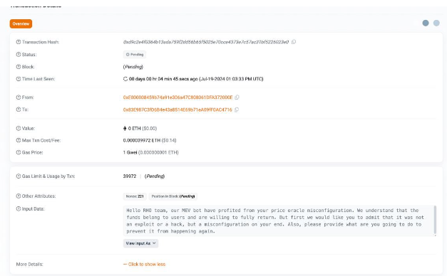 Onchain message from exploiter to Rho Markets team. Source: ZachXBT