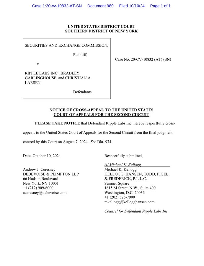 Ripple Files Cross-Appeal In SEC Lawsuit