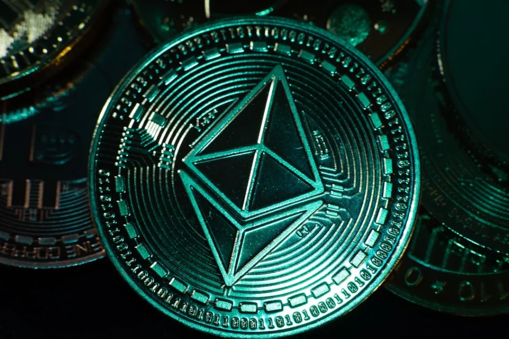 Crypto ETPs Surge: Close-up of Ethereum coin symbolizing rising investor interest.