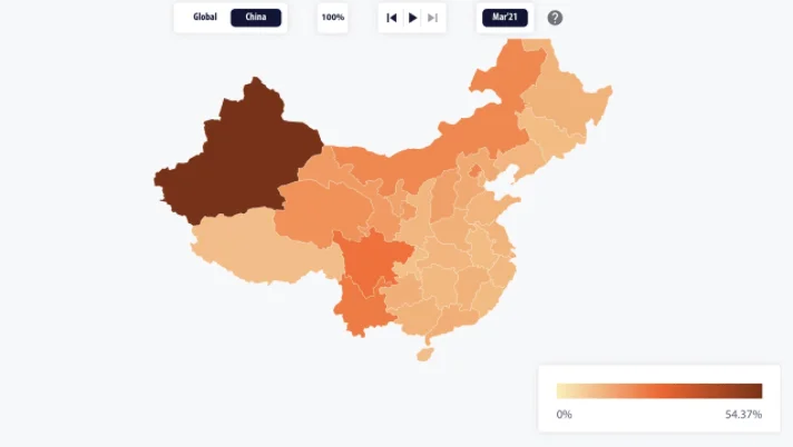 New CBECI map estimates indicate China's hashrate dropped to 46%