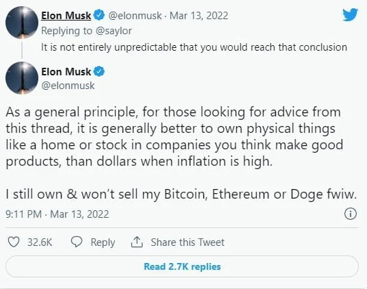 "I Won't sell my Bitcoin, Ethereum, or Doge." - Tesla CEO Elon Musk