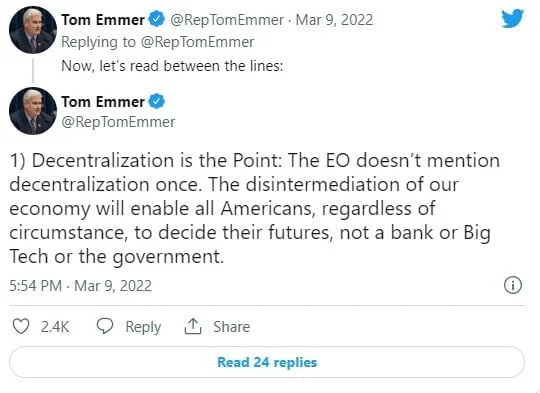 "Crypto Executive Order Fails To Mention Decentralization Directives" Congressman Tom Emmer