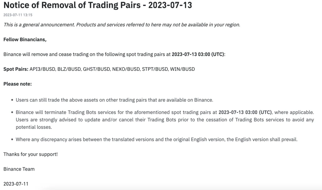 Binance to Delist API3/BUSD and Other Spot Pairsj