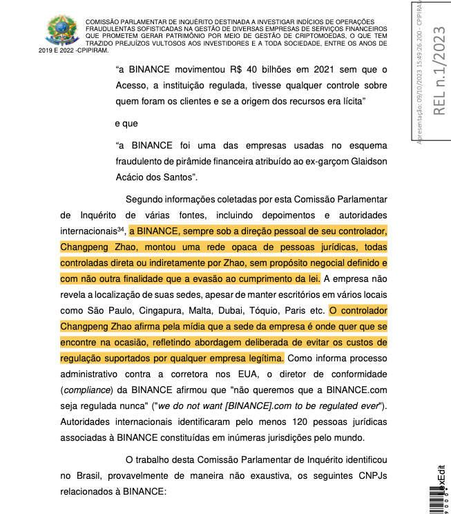 Brazil's Congress Proposes Indicting Binance CEO CZ