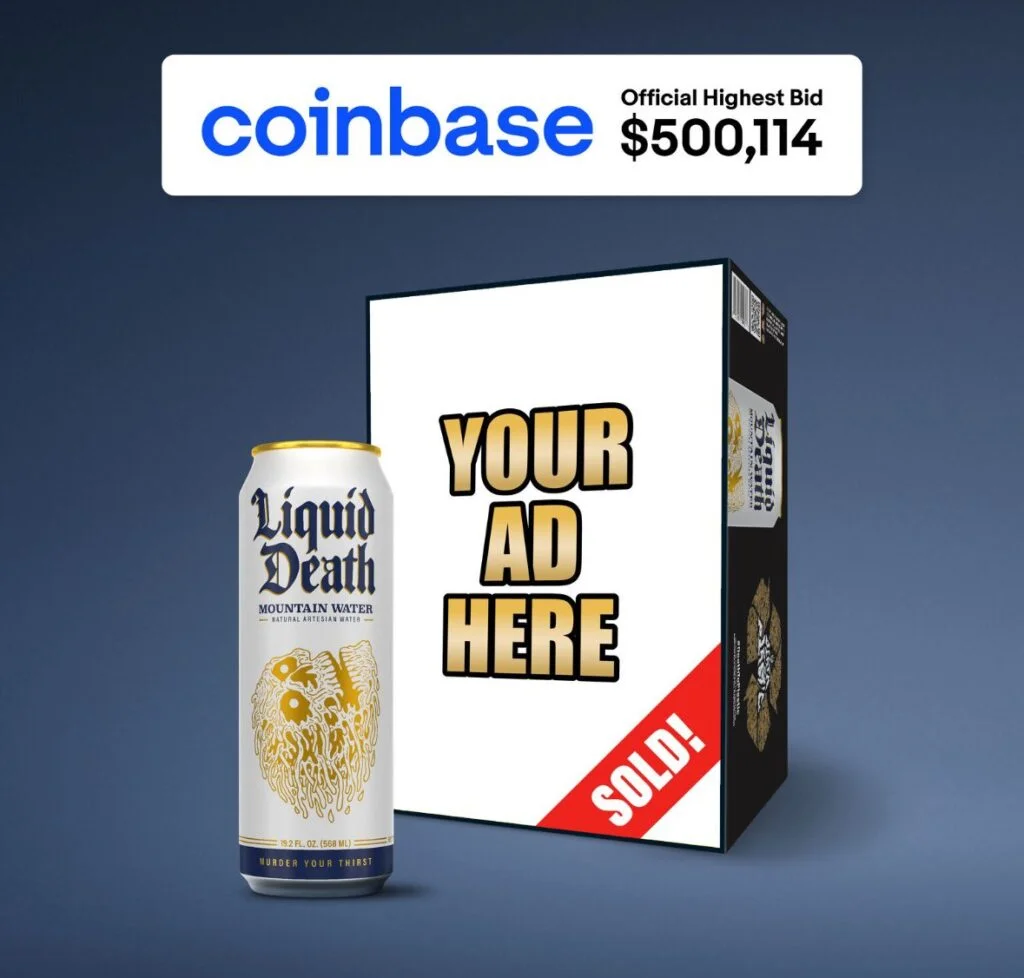 Coinbase Bags $500K Liquid Death Ad in USDC