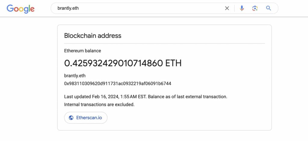 Google Integrates Ethereum Name Service with Etherscan