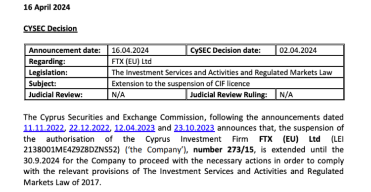 Excerpt from CySEC’s decision regarding FTX Europe. 