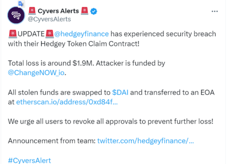 Hedgey exploit alert. Source: Cyvers