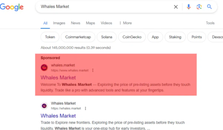 Fake version of Whales Market promoted by Google Ads   