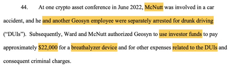 Highlighted excerpt of the SEC’s claims relating to the alleged drunk driving incident. Source: SEC