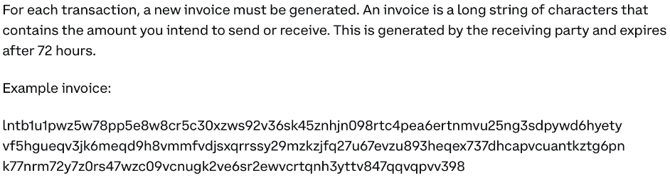 Example of a Lightning Network invoice. Source: Coinbase