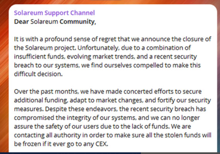 Solareum addresses its user base about sunsetting the bot. Source: Solareum Support Channel on Telegram