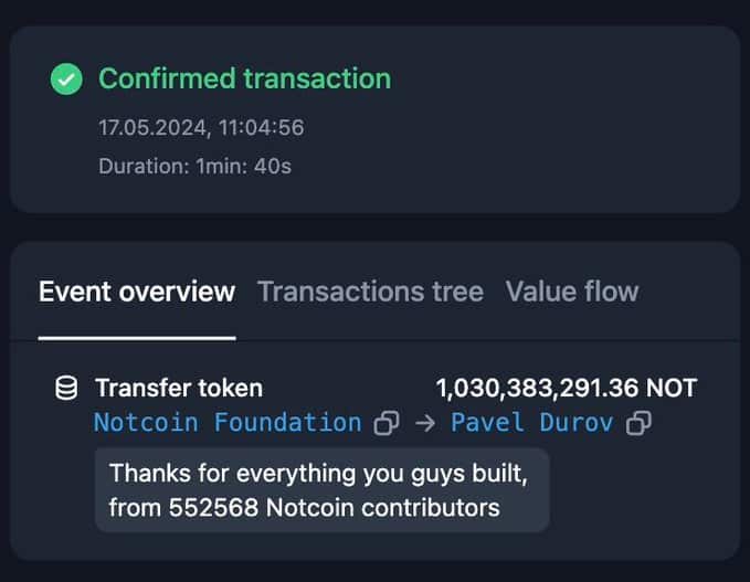 Notcoin Offers 1 Bln NOT To Telegram CEO Pavel Durov