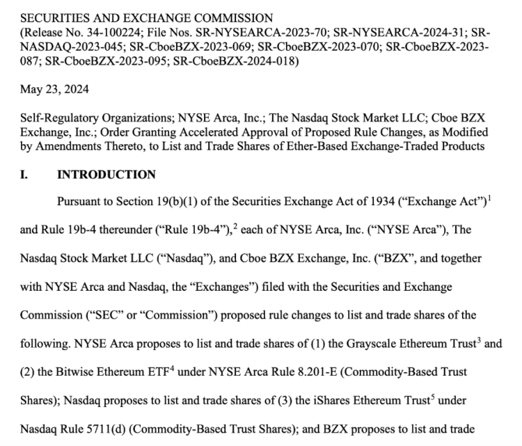 Filing approving spot Ether ETFs. Source: SEC