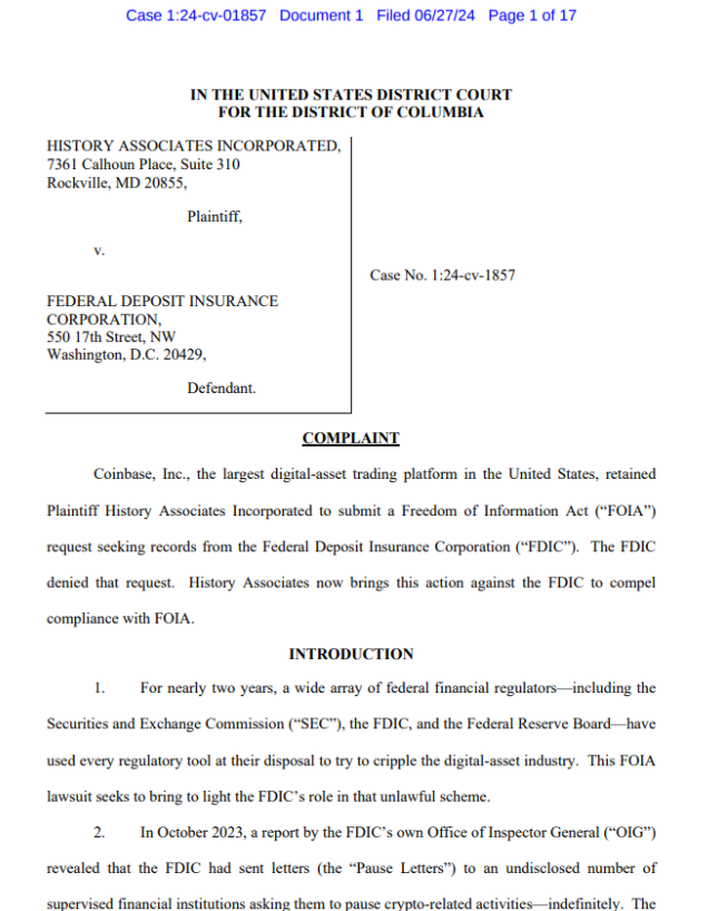 Suit forcing the FDIC to release the Pause Letters and other related documents. Source: Coinbase