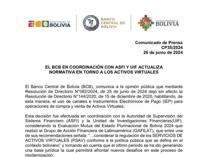 Bolivian central bank notification on crypto transaction. Source: Banco Central de Bolivia