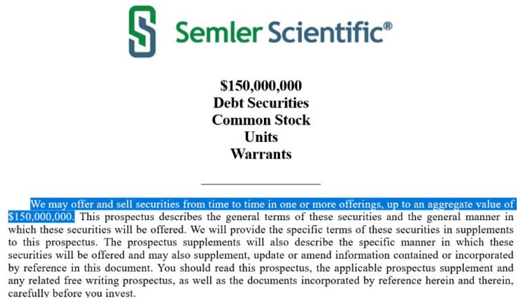 Semler Scientific’s proposed $150 million debt securities offering. Source: SEC