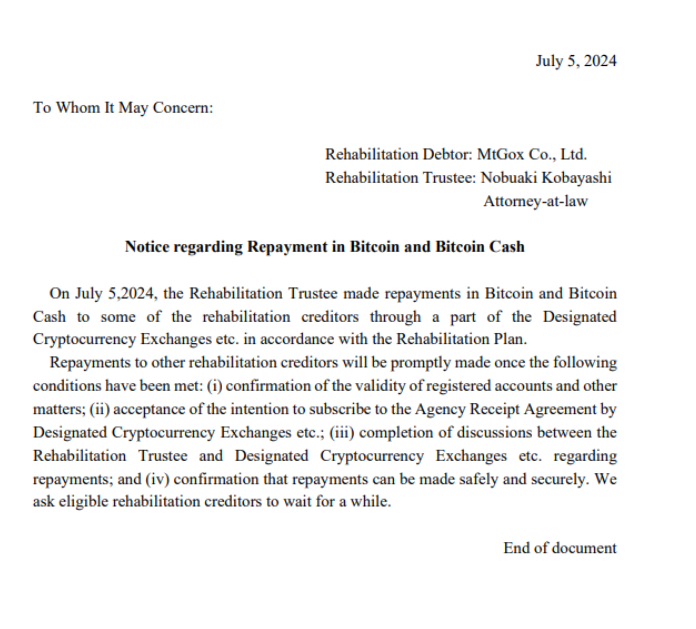 Document stating Mt. Gox begins Bitcoin and Bitcoin Cash repayments to creditors on July 5, 2024. Source: Mt. Gox