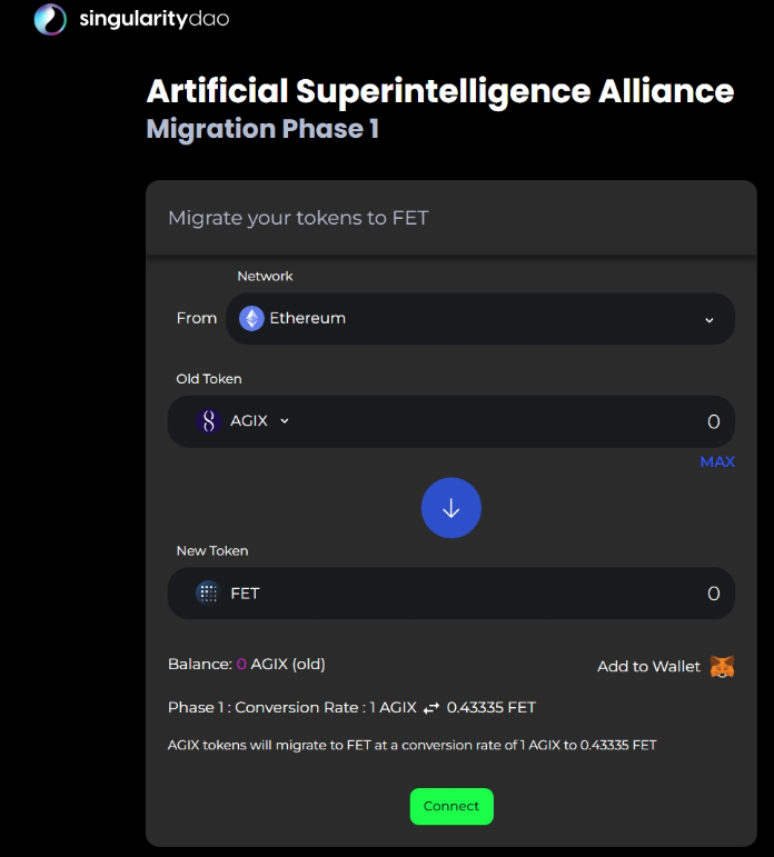 The user interface of the SingularityDAO migration platform. Source: SingularityDAO