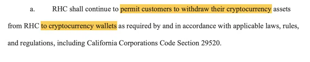 Excerpt of Robinhood Crypto LLC’s (RHC) settlement agreement. Source: California Office of the Attorney General