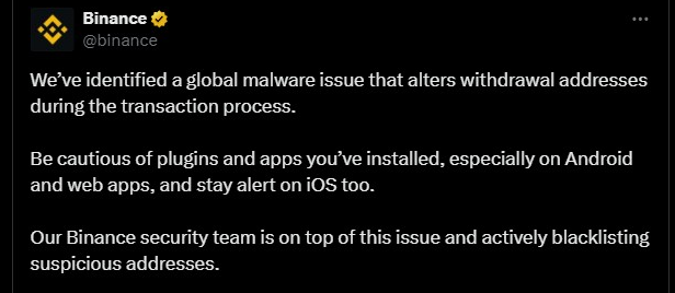Binance Warns Users of Malware Risks in Crypto Withdrawal (2)
