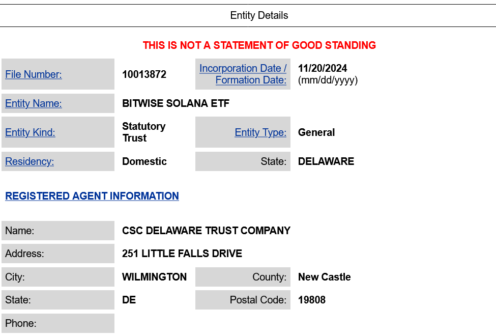 Bitwise’s Solana ETF registration. Source: State of Delaware Division of Corporations