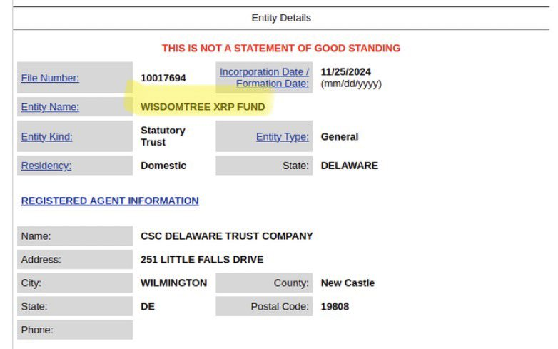 A screenshot of WisdomTree’s filing with the state of Delaware. Source: Eleanor Terrett