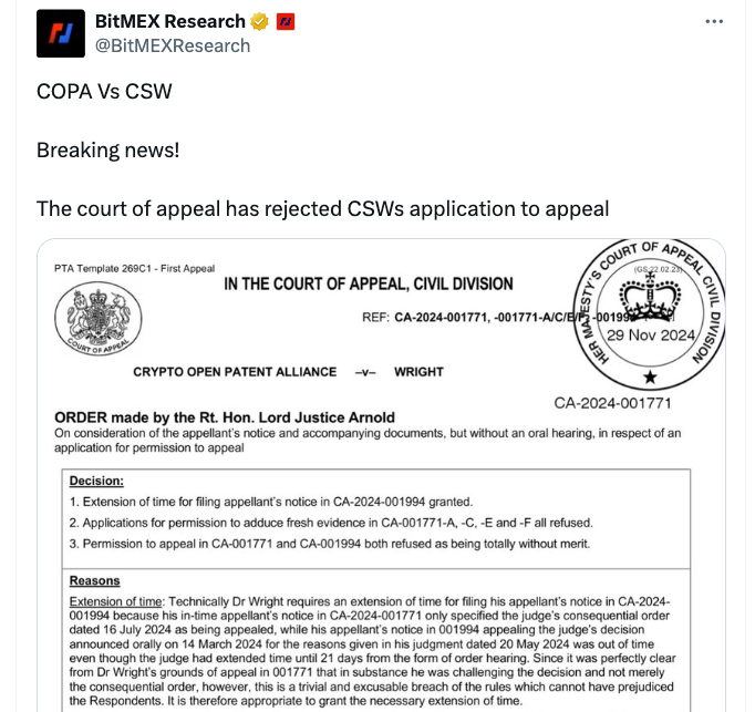 The Court of Appeal’s order denying Craig Wright’s permission to appeal. Source: BitMEX