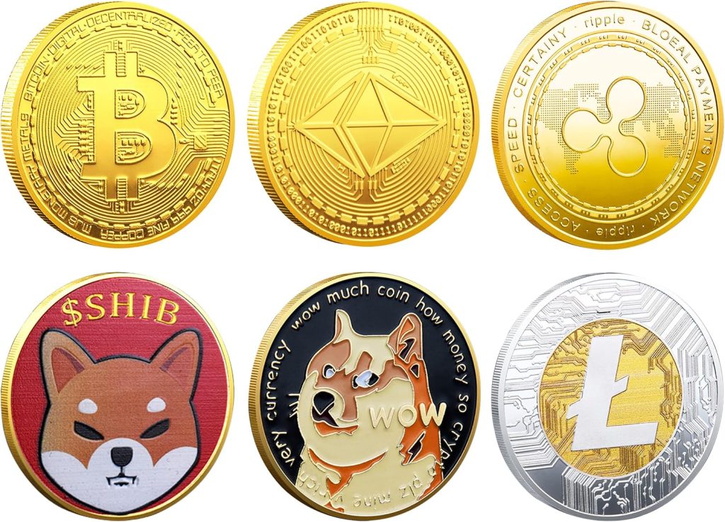 Collection of physical cryptocurrency coins including Bitcoin, Ethereum, Ripple, Shiba Inu, Dogecoin, and Litecoin.