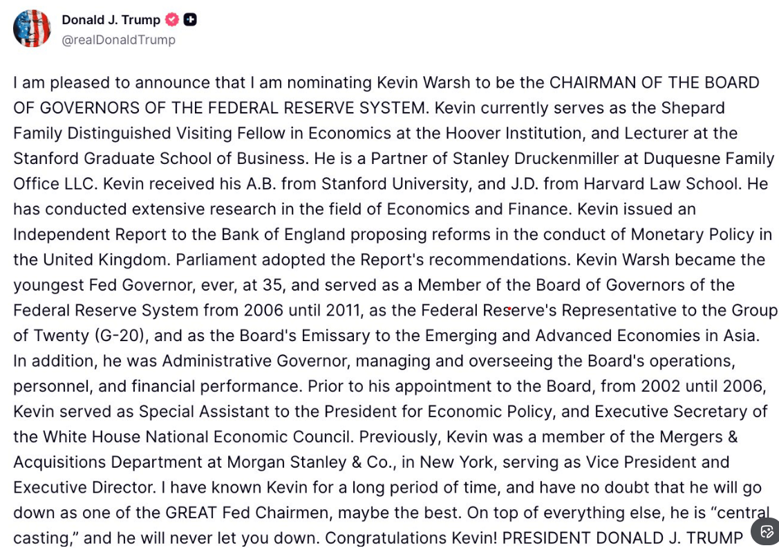 Trump announces his pick for Fed Chair